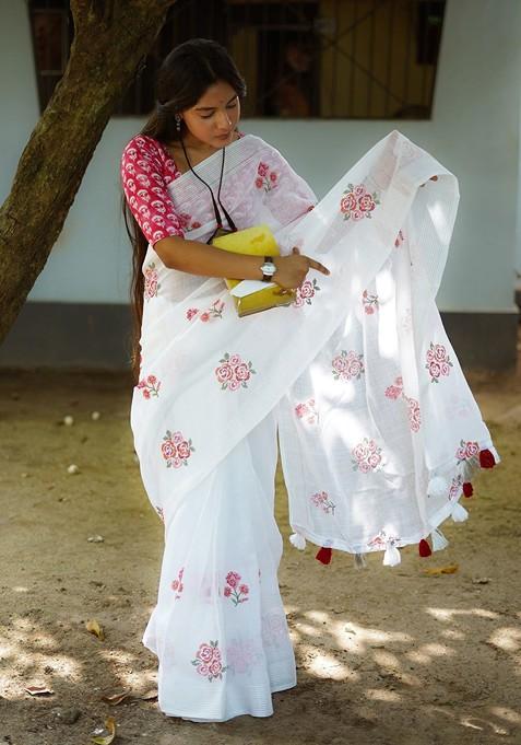 White Printed Blended Saree Set