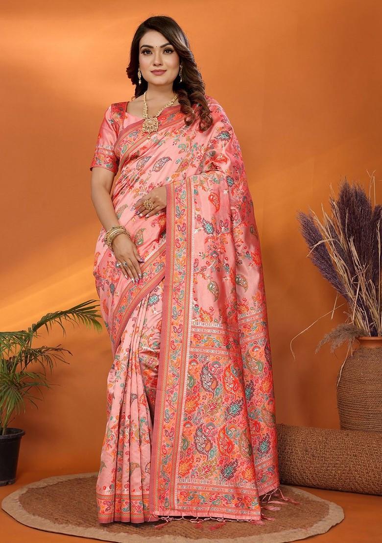Peach Embroidered Blended Saree Set - Indya