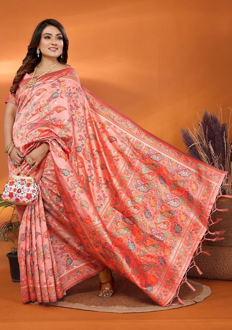 Peach Embroidered Blended Saree Set - Indya