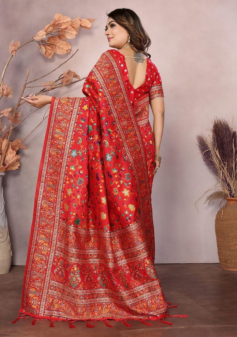 Red Printed Blended Saree Set - Indya