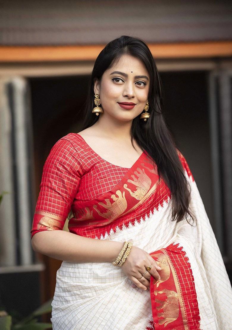 Red Zari Printed Blended Saree Set - Indya