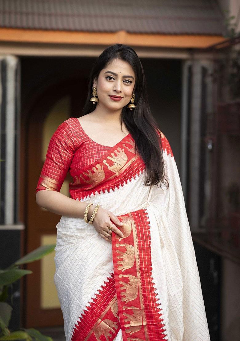 Red Zari Printed Blended Saree Set - Indya