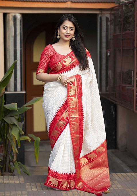 Red Zari Printed Blended Saree Set