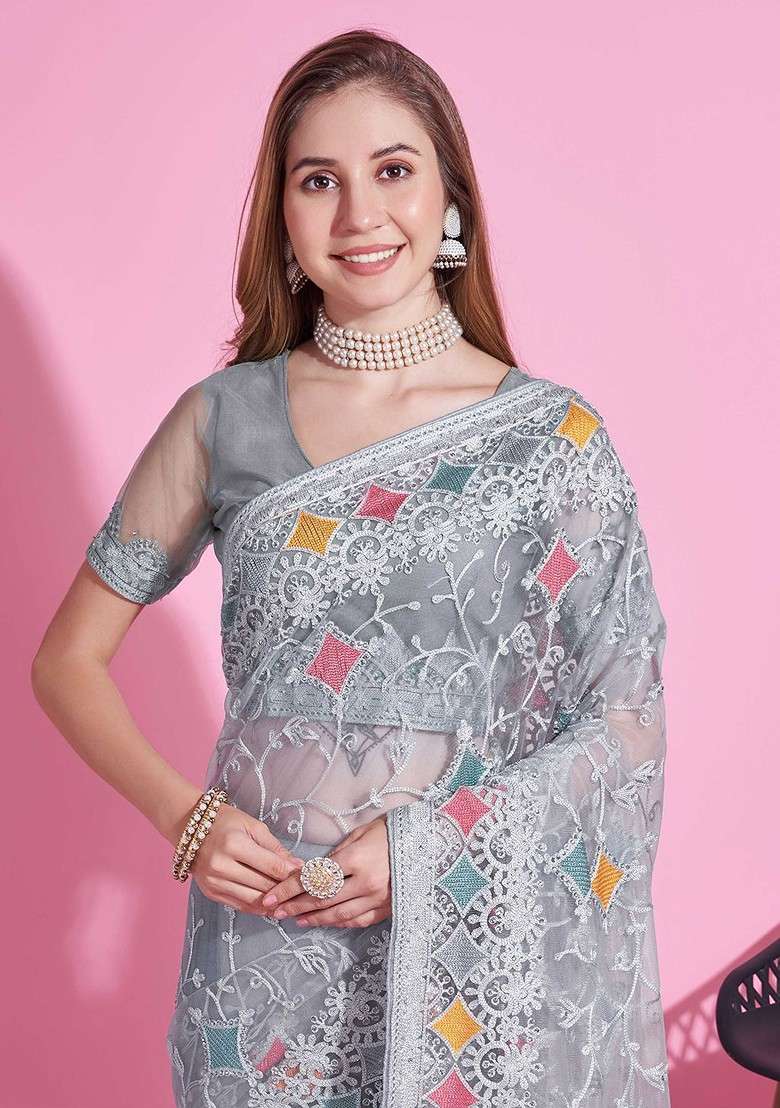Grey Blended Saree Set with Embroidered for Diwali | Wedding & Festive Wear - Indya