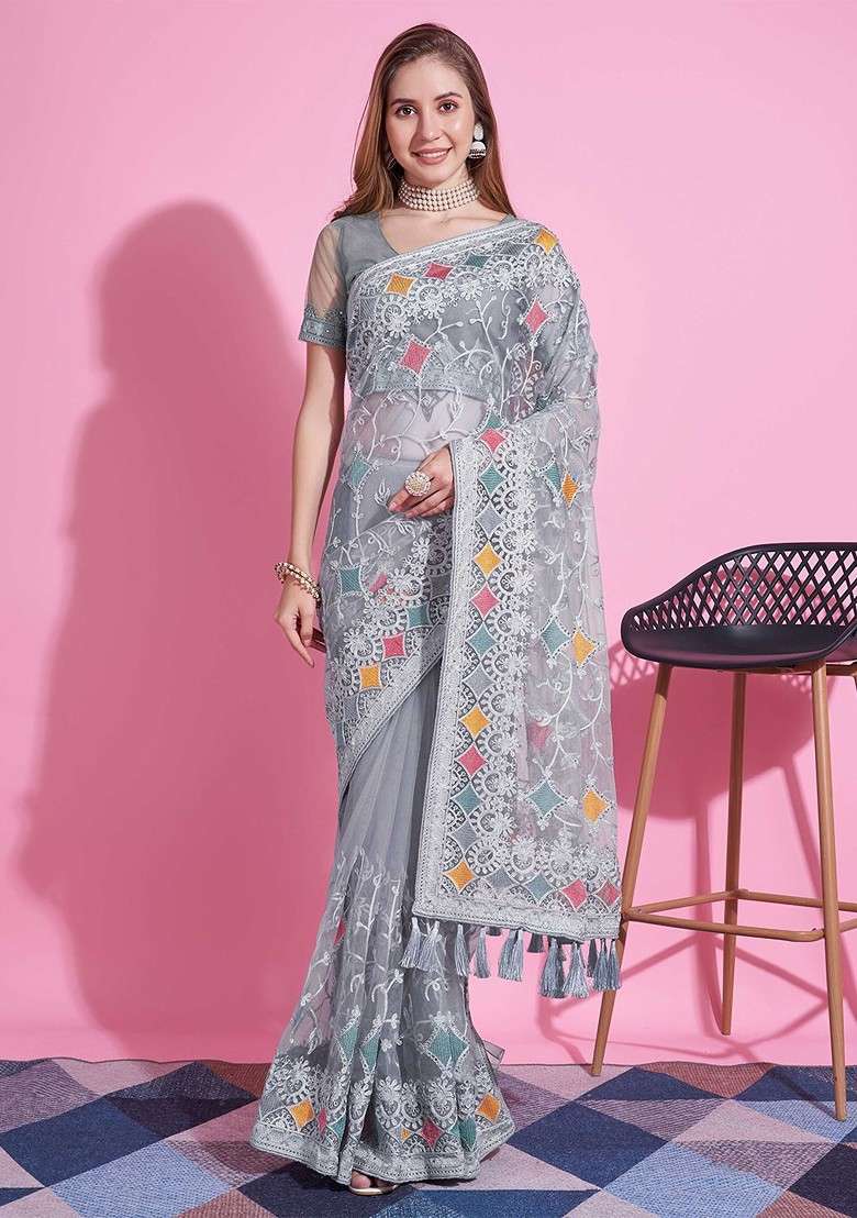 Grey Blended Saree Set with Embroidered for Diwali | Wedding & Festive Wear - Indya