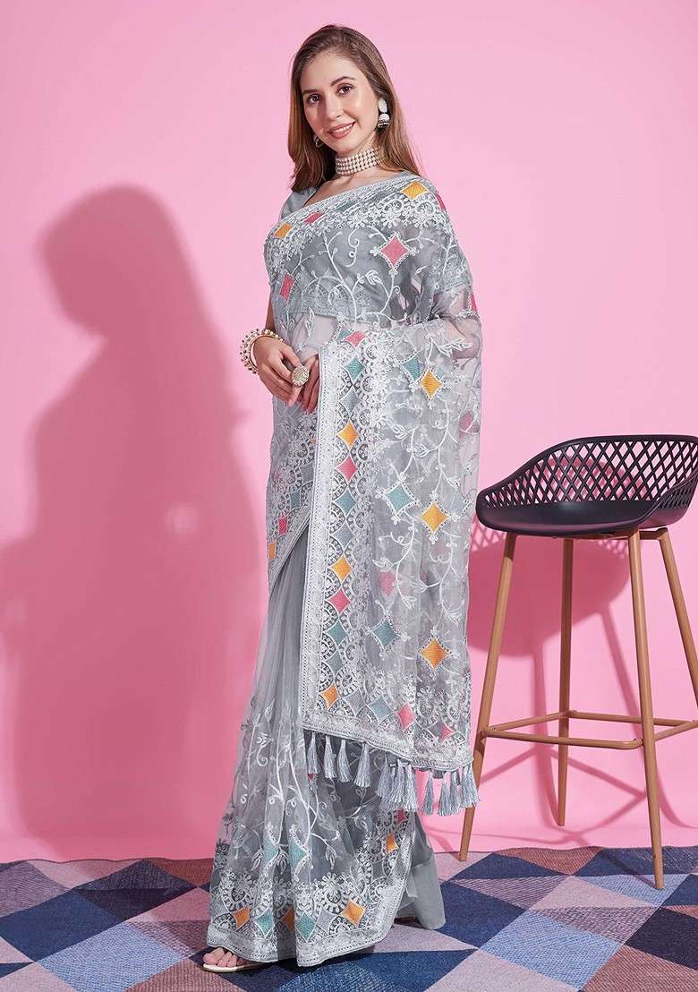 Grey Blended Saree Set with Embroidered for Diwali | Wedding & Festive Wear - Indya