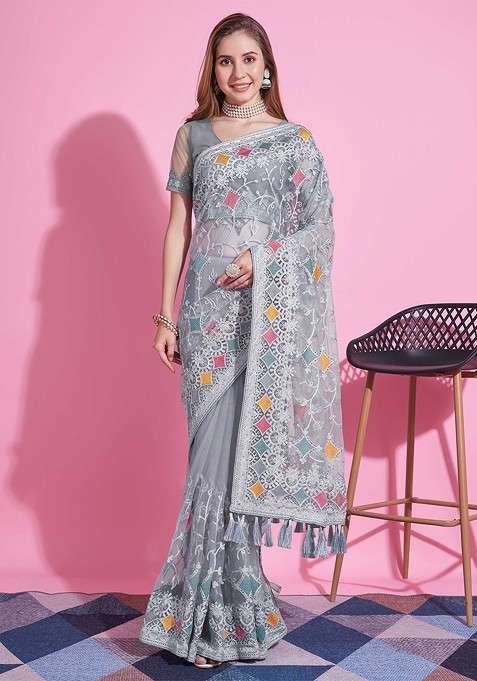 Grey Blended Saree Set with Embroidered for Diwali | Wedding & Festive Wear