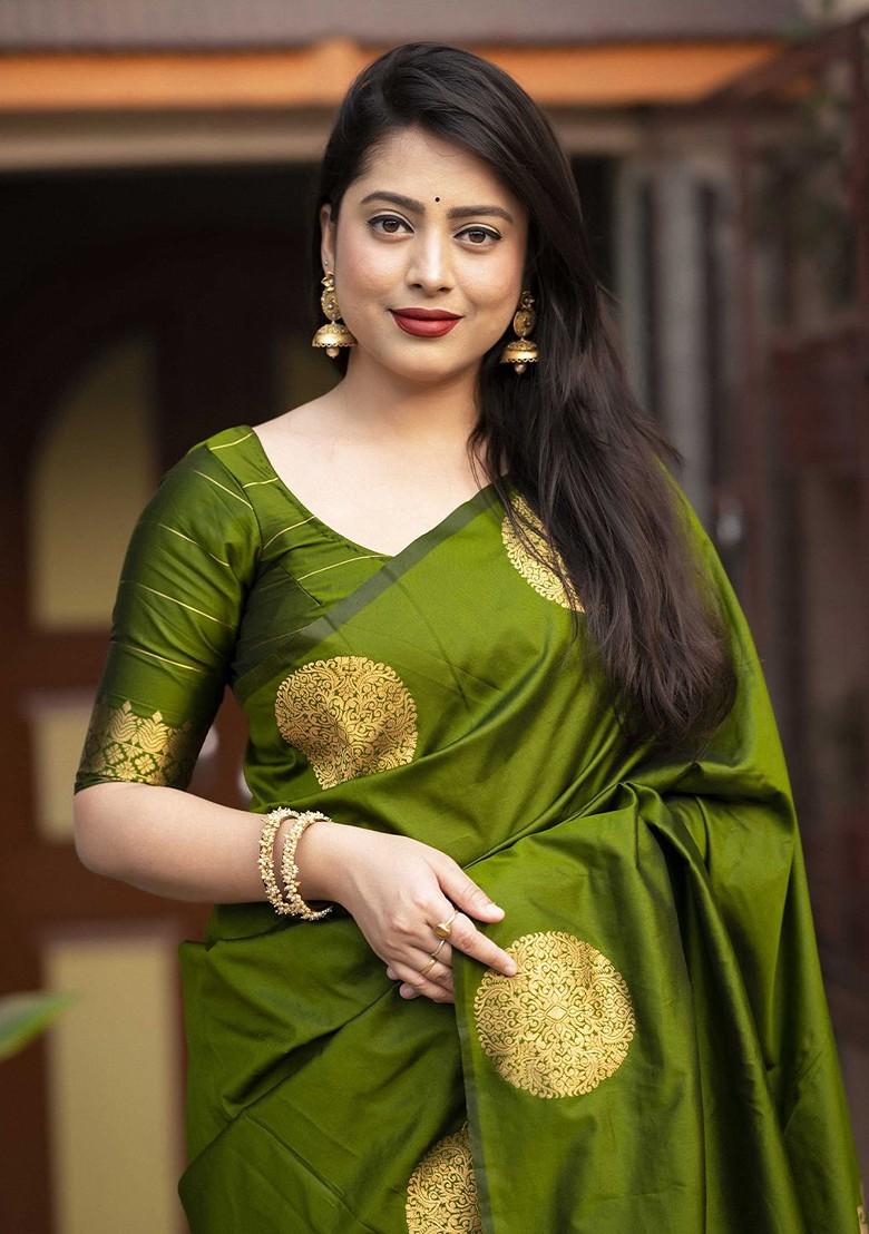 Green Zari Printed Blended Saree Set - Indya