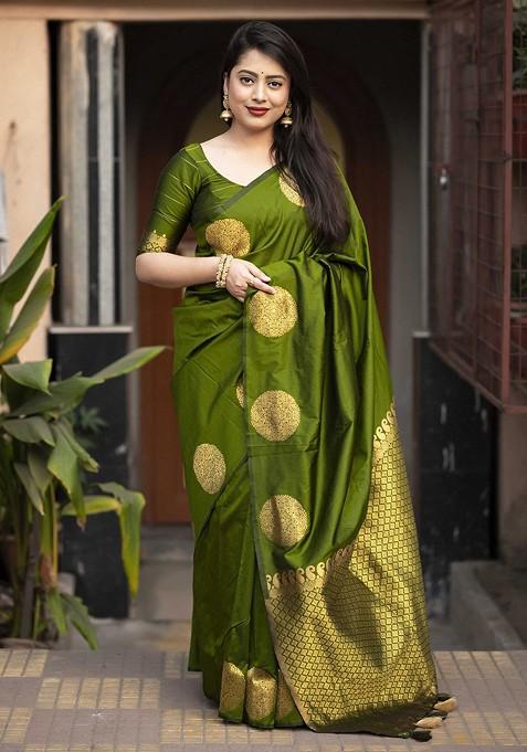 Green Zari Printed Blended Saree Set