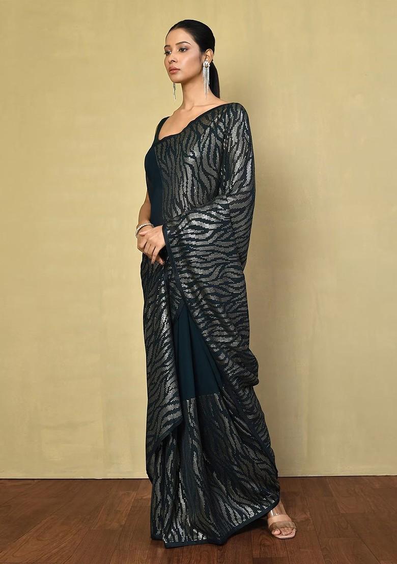 Teal Embellished Blended Saree Set - Indya