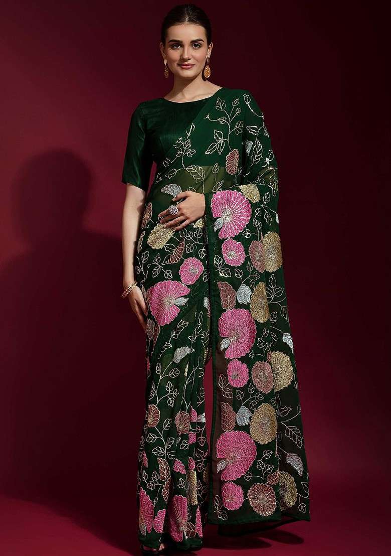 Green Embellished Blended Saree Set for Diwali and Festive Wear - Indya