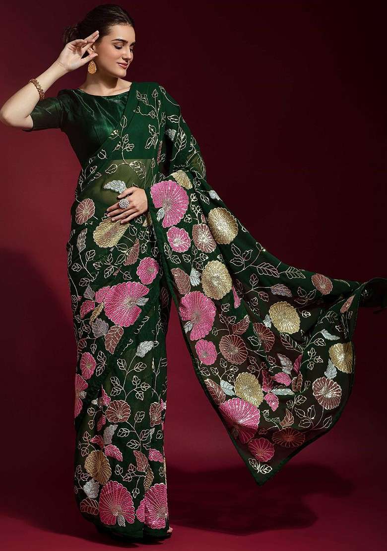 Green Embellished Blended Saree Set for Diwali and Festive Wear - Indya