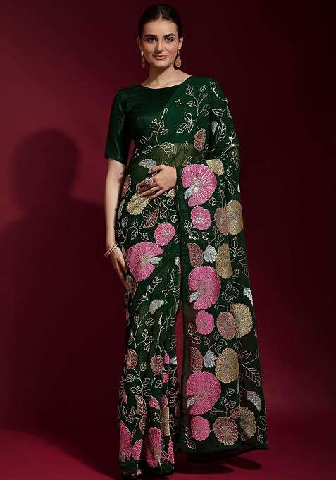 Green Embellished Blended Saree Set for Diwali and Festive Wear