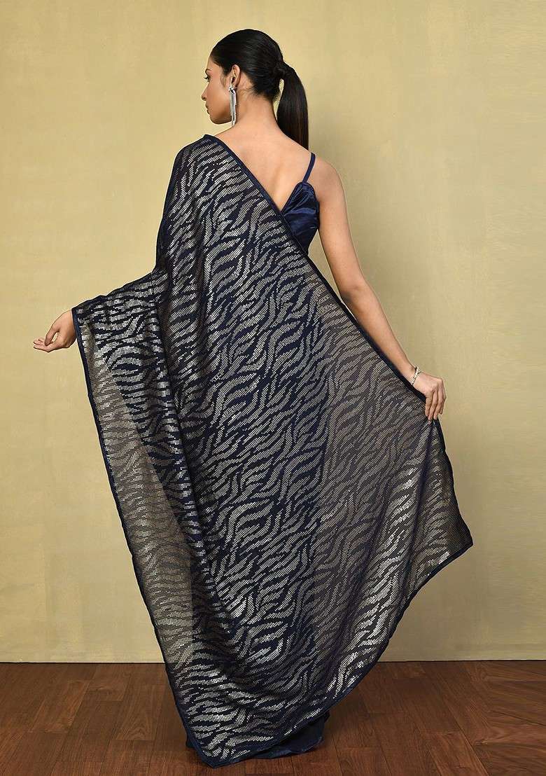 Blue Striped Sequinned Blended Saree Set for Diwali and Festive Wear - Indya