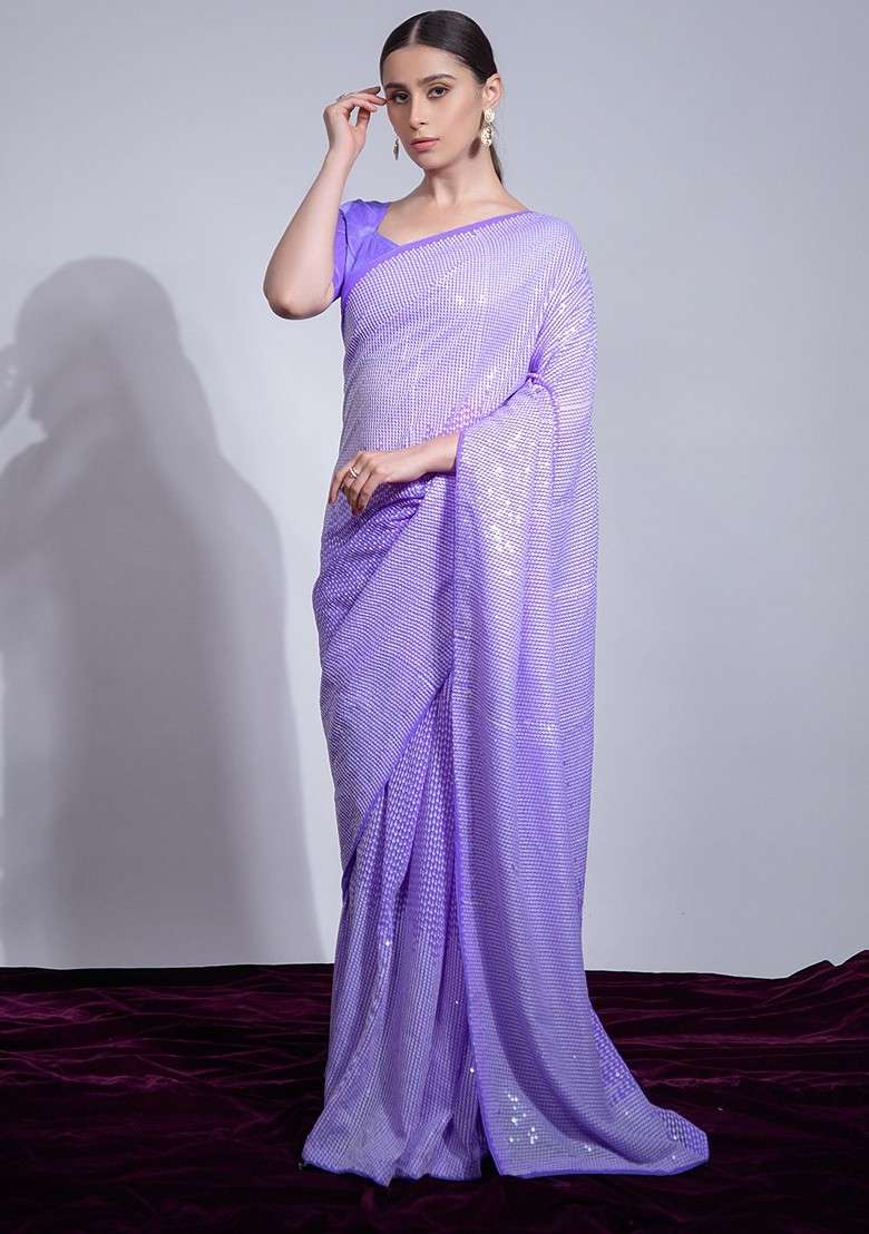 Lavender Embellished Blended Saree Set for Diwali and Festive Wear - Indya