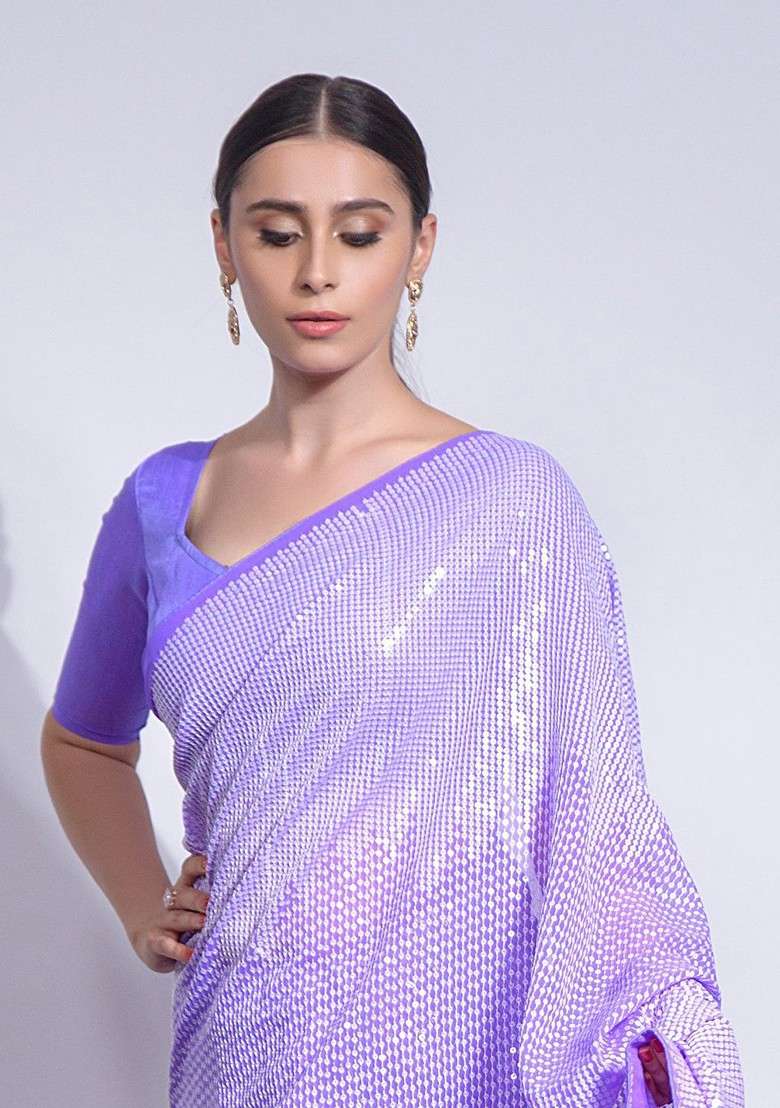Lavender Embellished Blended Saree Set for Diwali and Festive Wear - Indya