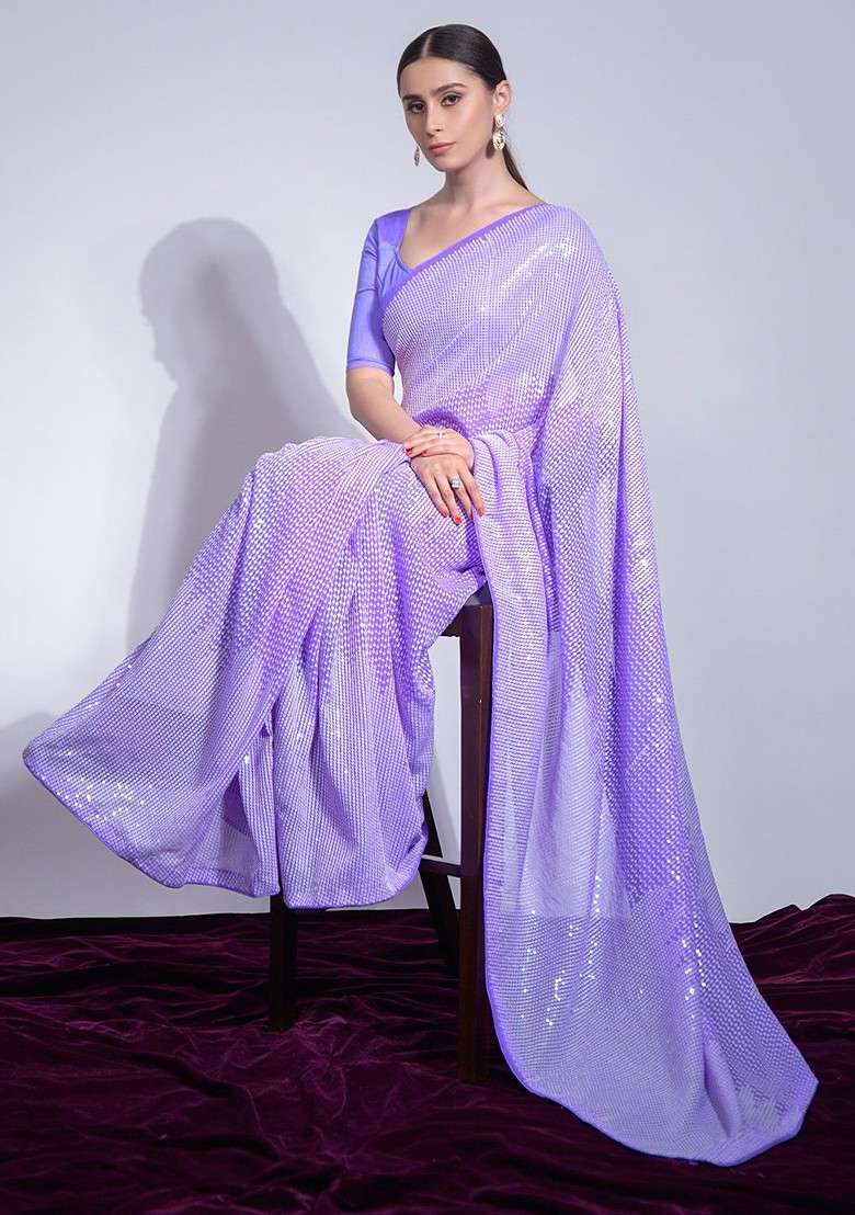 Lavender Embellished Blended Saree Set for Diwali and Festive Wear - Indya