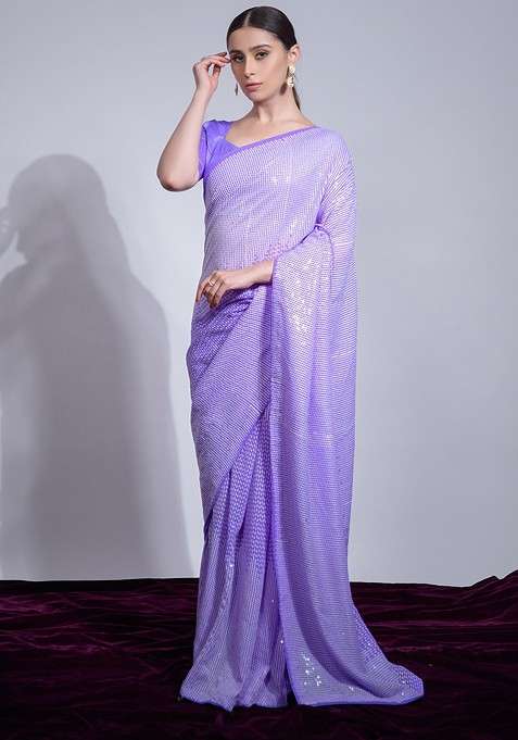 Lavender Embellished Blended Saree Set for Diwali and Festive Wear