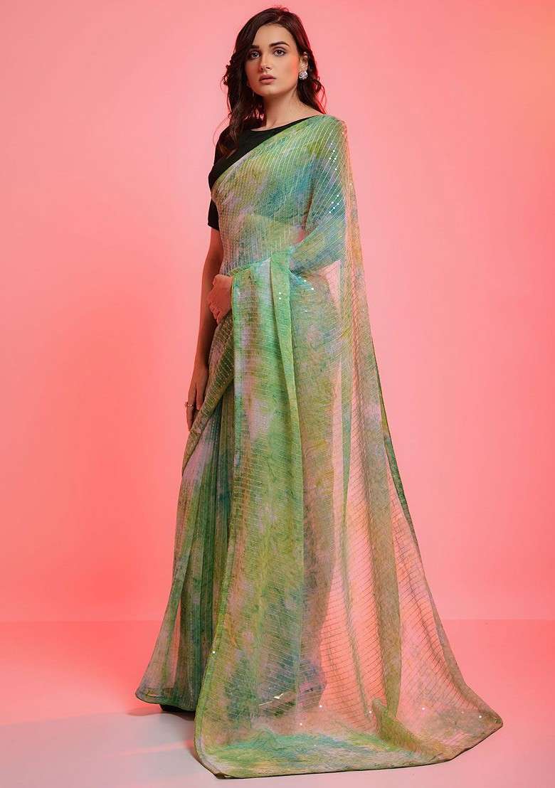 Green Blended Saree Set with Embroidered for Diwali | Wedding & Festive Wear - Indya