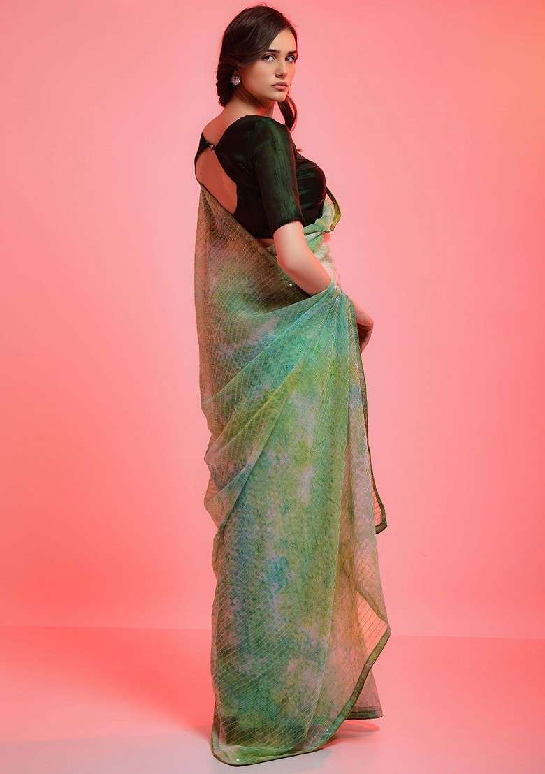 Green Blended Saree Set with Embroidered for Diwali | Wedding & Festive Wear - Indya