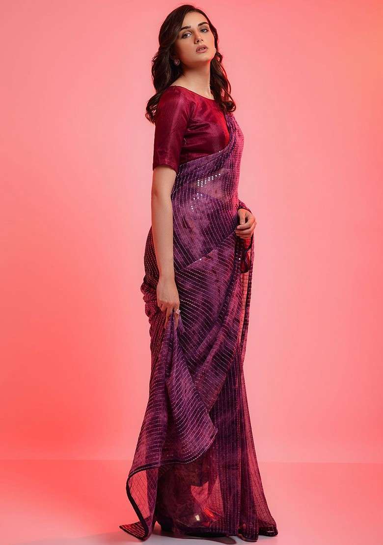 Purple Embellished Blended Saree Set for Diwali and Festive Wear - Indya