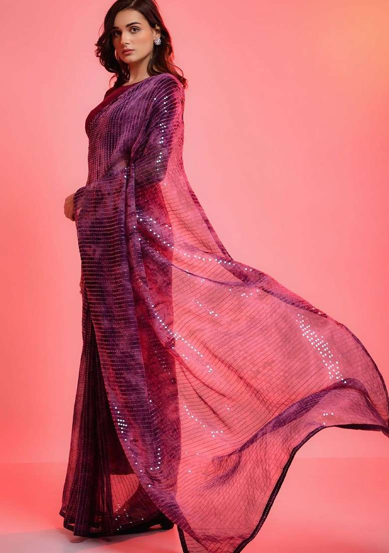 Purple Embellished Blended Saree Set for Diwali and Festive Wear - Indya