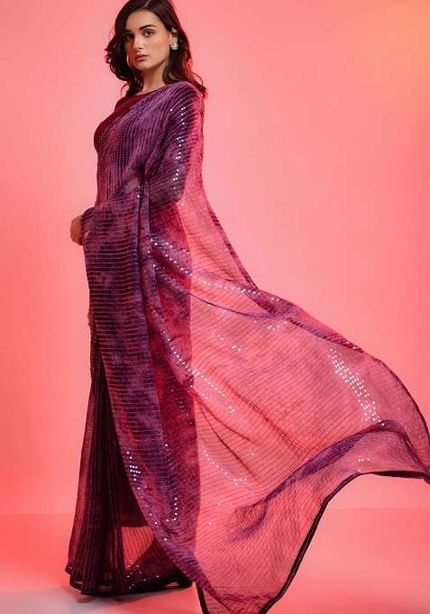 Purple Embellished Blended Saree Set for Diwali and Festive Wear