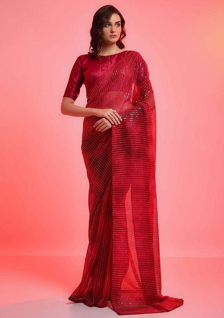 Red Embellished Blended Saree Set - Indya