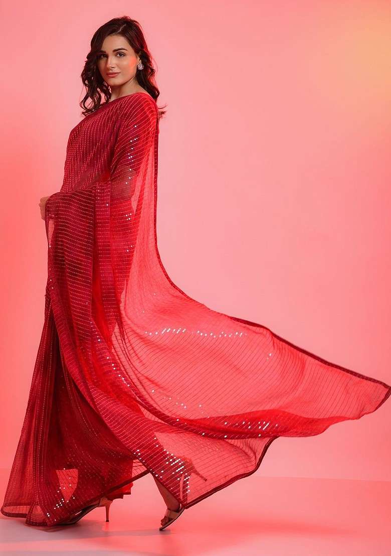 Red Embellished Blended Saree Set for Diwali | Wedding & Festive Wear - Indya