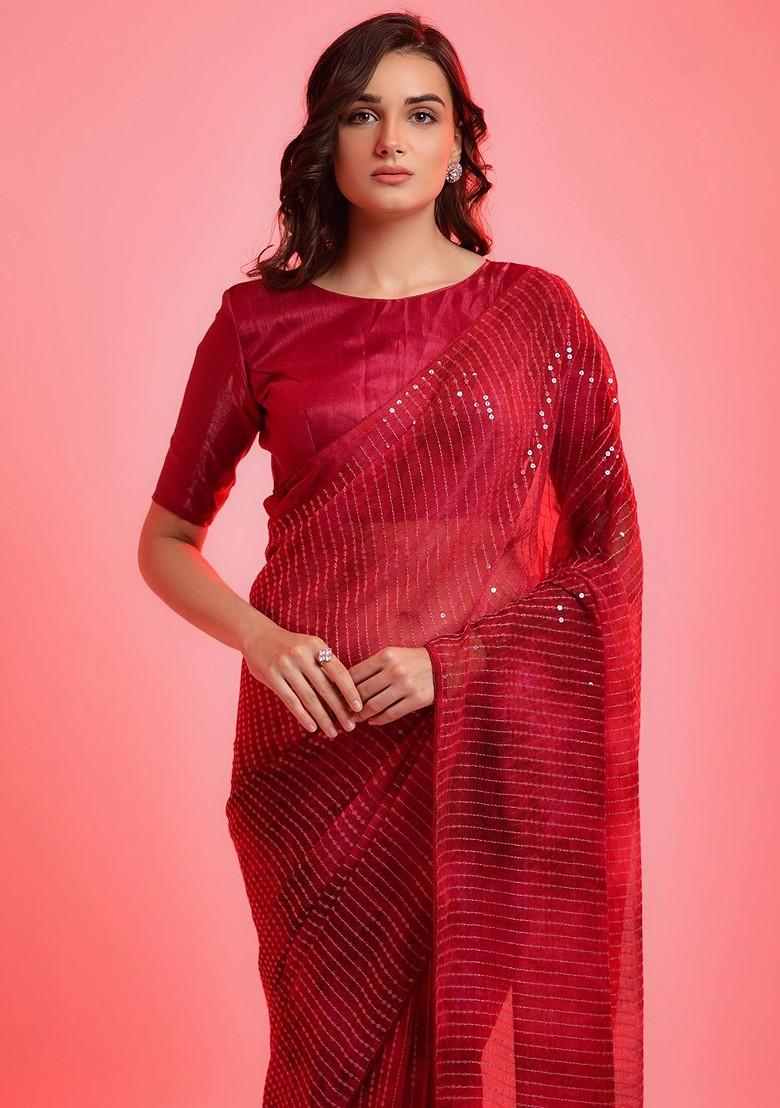 Red Embellished Blended Saree Set - Indya