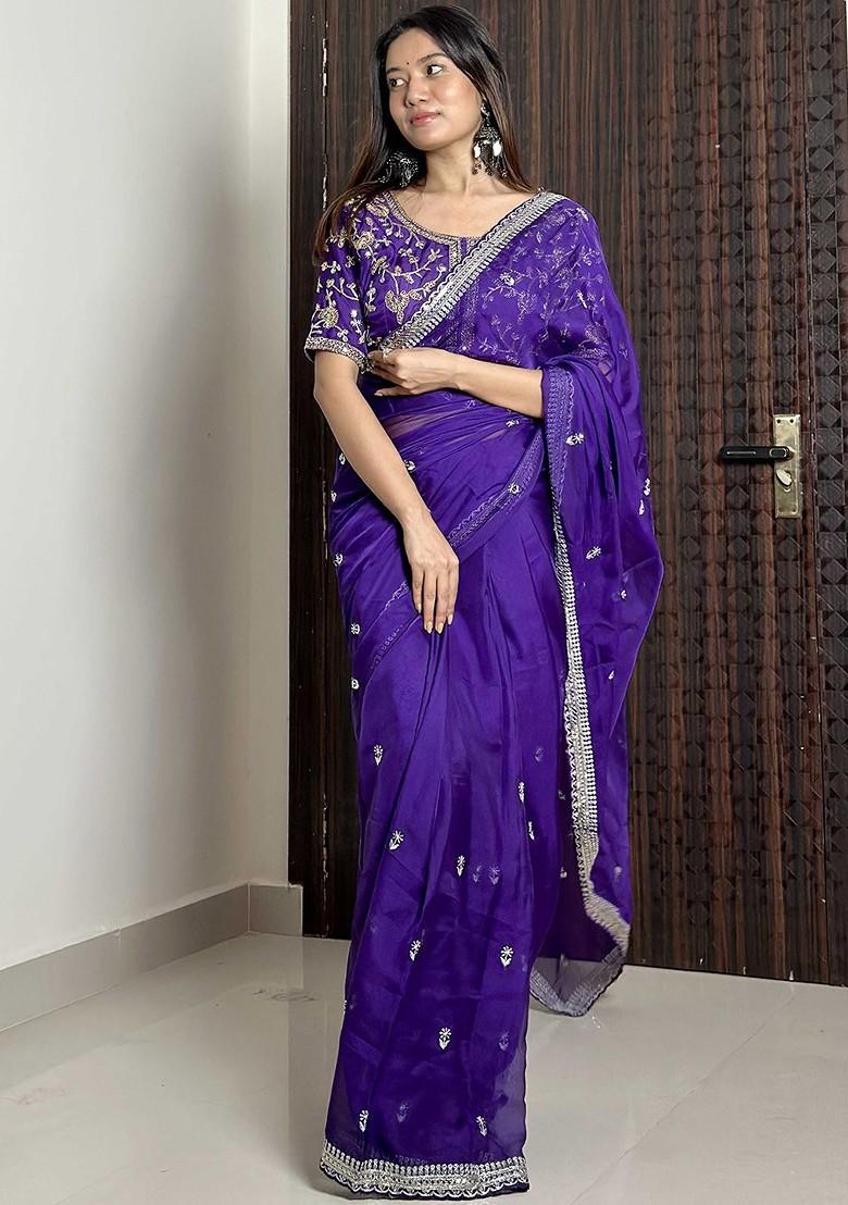 Violet Embellished Blended Saree Set - Indya