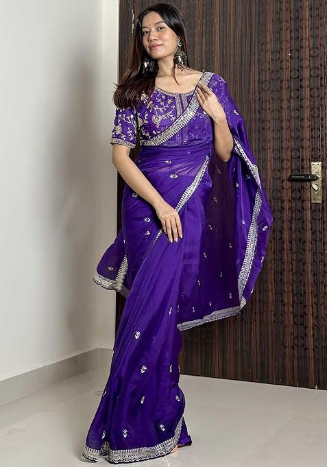 Violet Embellished Blended Saree Set — view on Indya