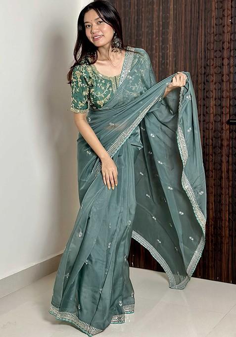 Teal Embellished Blended Saree Set — view on Indya