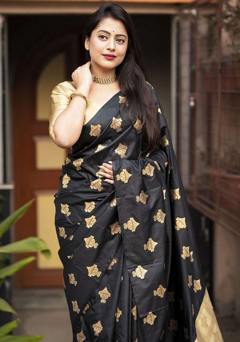 Gold Blended Saree Set with Printed for Diwali | Wedding & Festive Wear - Indya