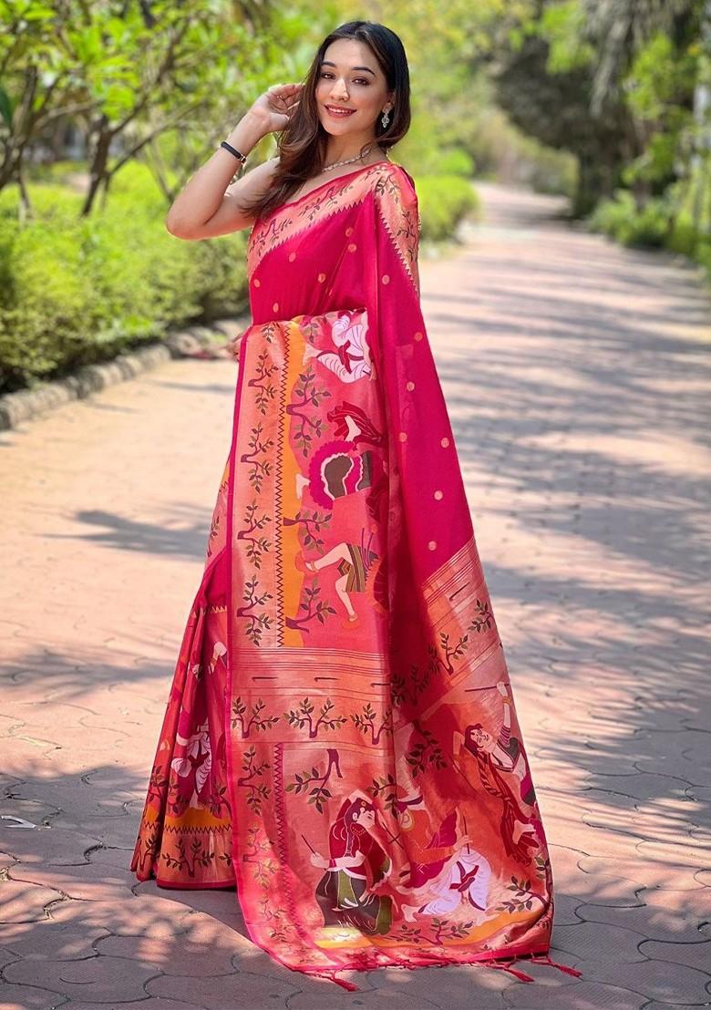 Pink Printed Blended Saree Set - Indya