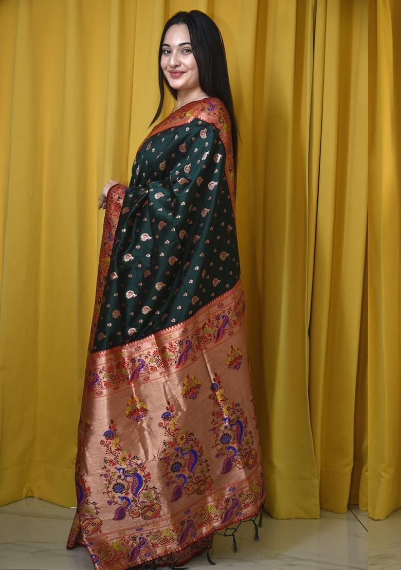Green Zari Printed Blended Saree Set - Indya