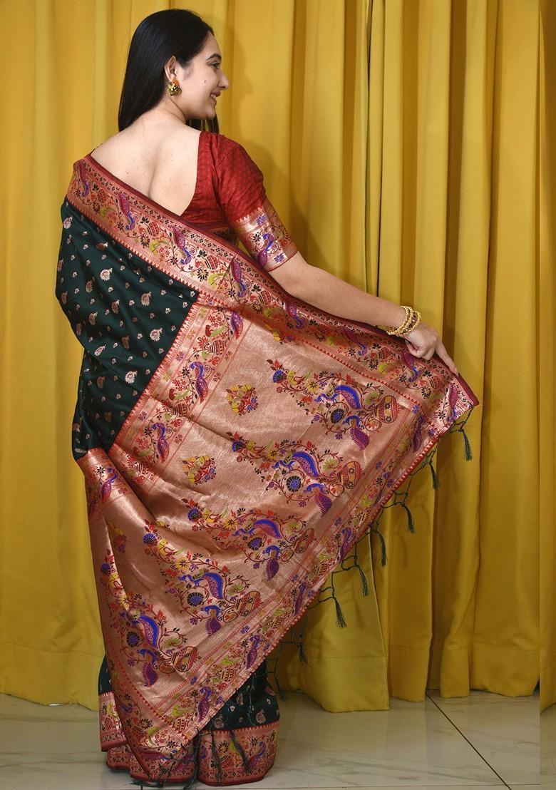 Green Zari Printed Blended Saree Set - Indya