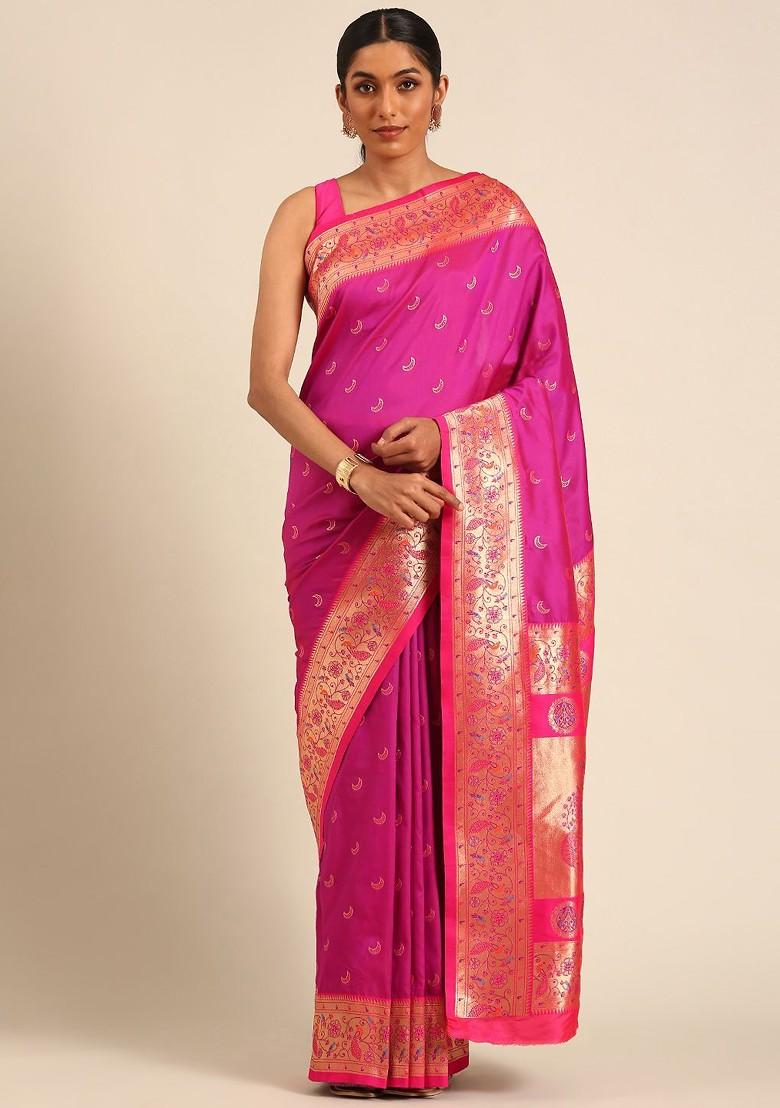 Purple Zari Printed Blended Saree Set - Indya