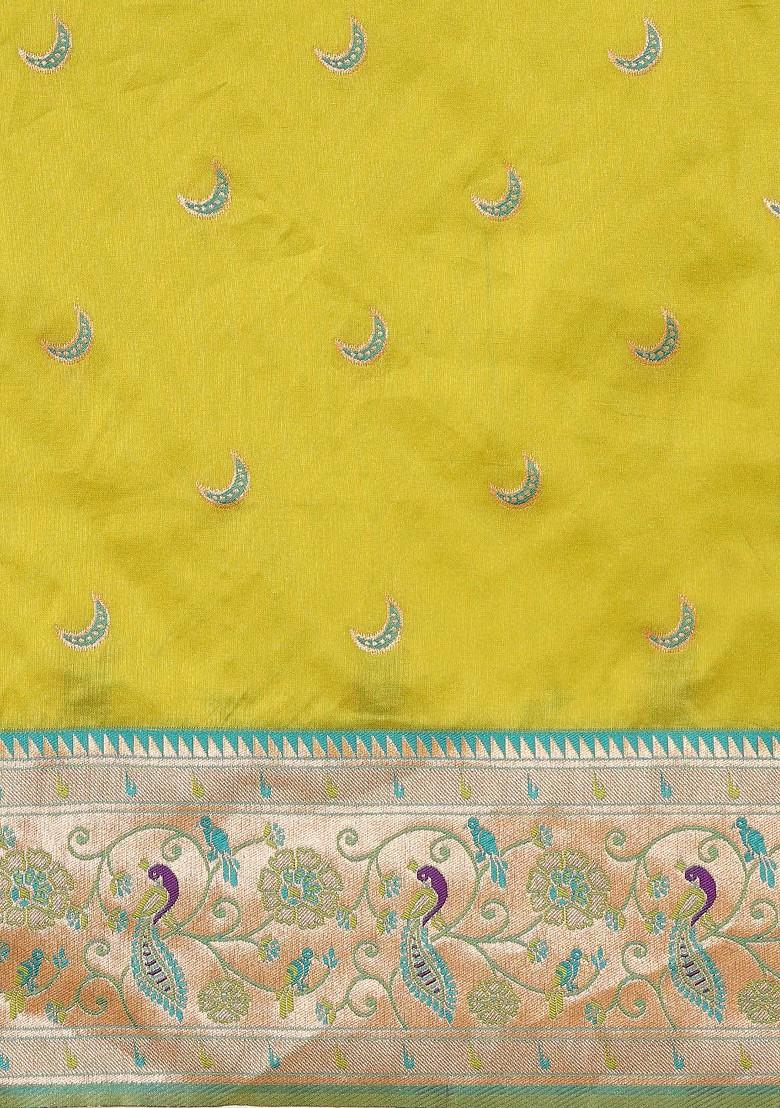 Green Zari Printed Blended Saree Set - Indya