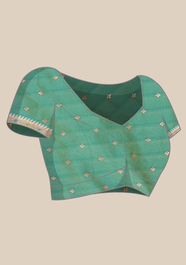 Green Zari Printed Blended Saree Set - Indya