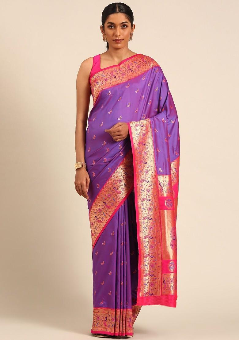 Purple Zari Printed Blended Saree Set - Indya