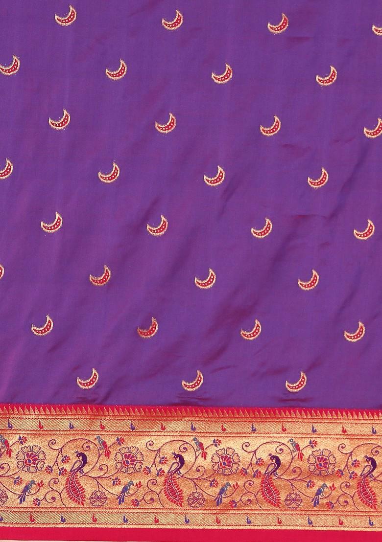Purple Zari Printed Blended Saree Set - Indya