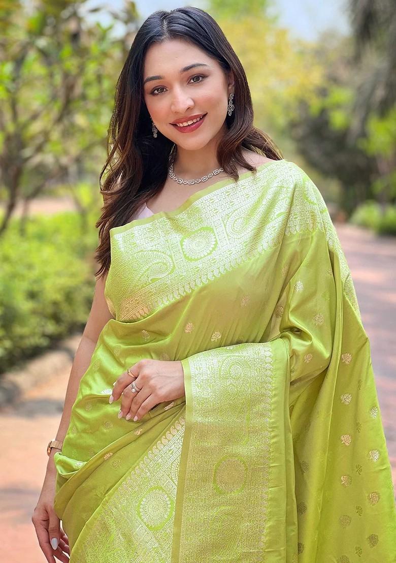 Green Embroidered Blended Saree Set - Indya