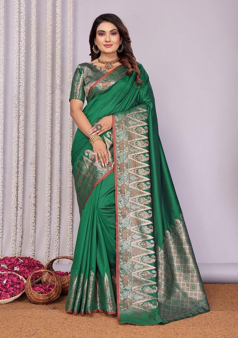 Green Zari Printed Blended Saree Set - Indya