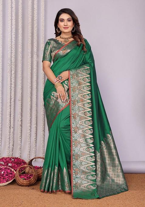Green Zari Printed Blended Saree Set