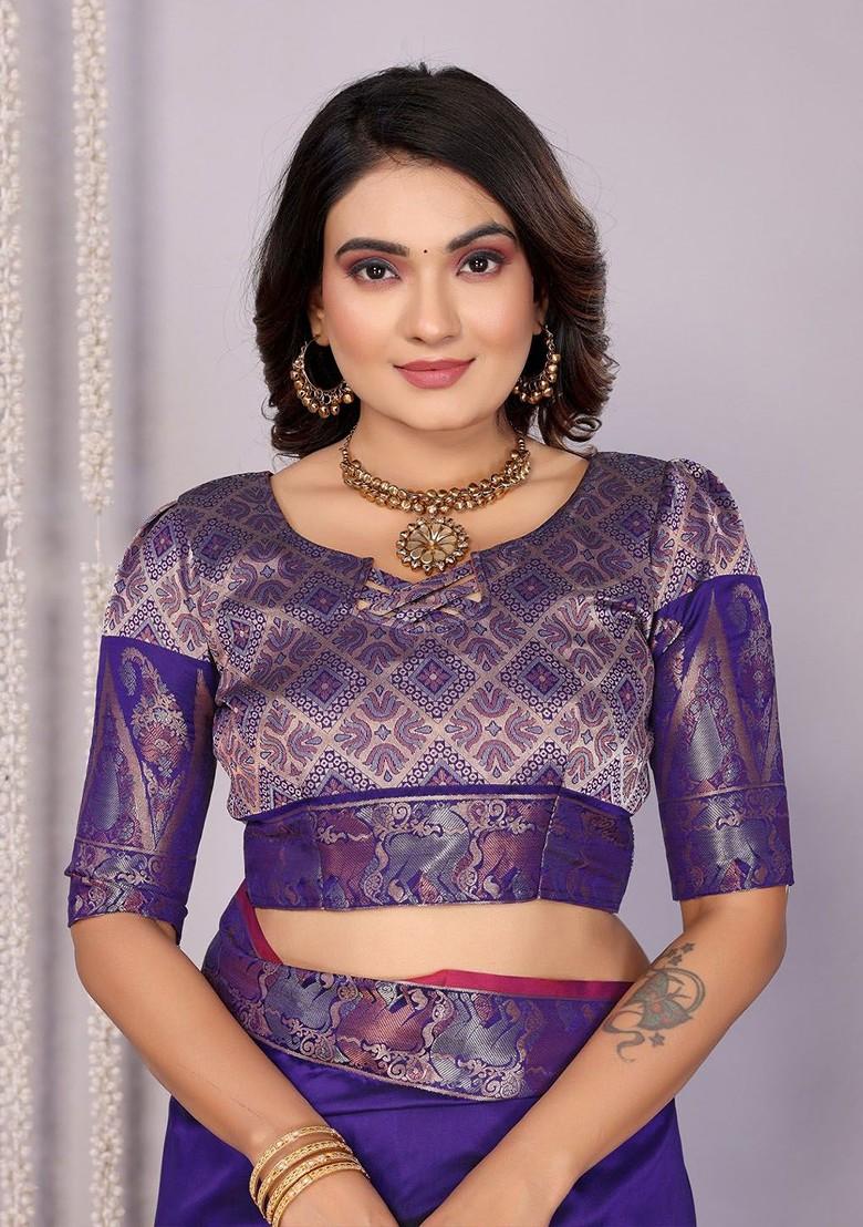 Blue Zari Printed Blended Saree Set - Indya