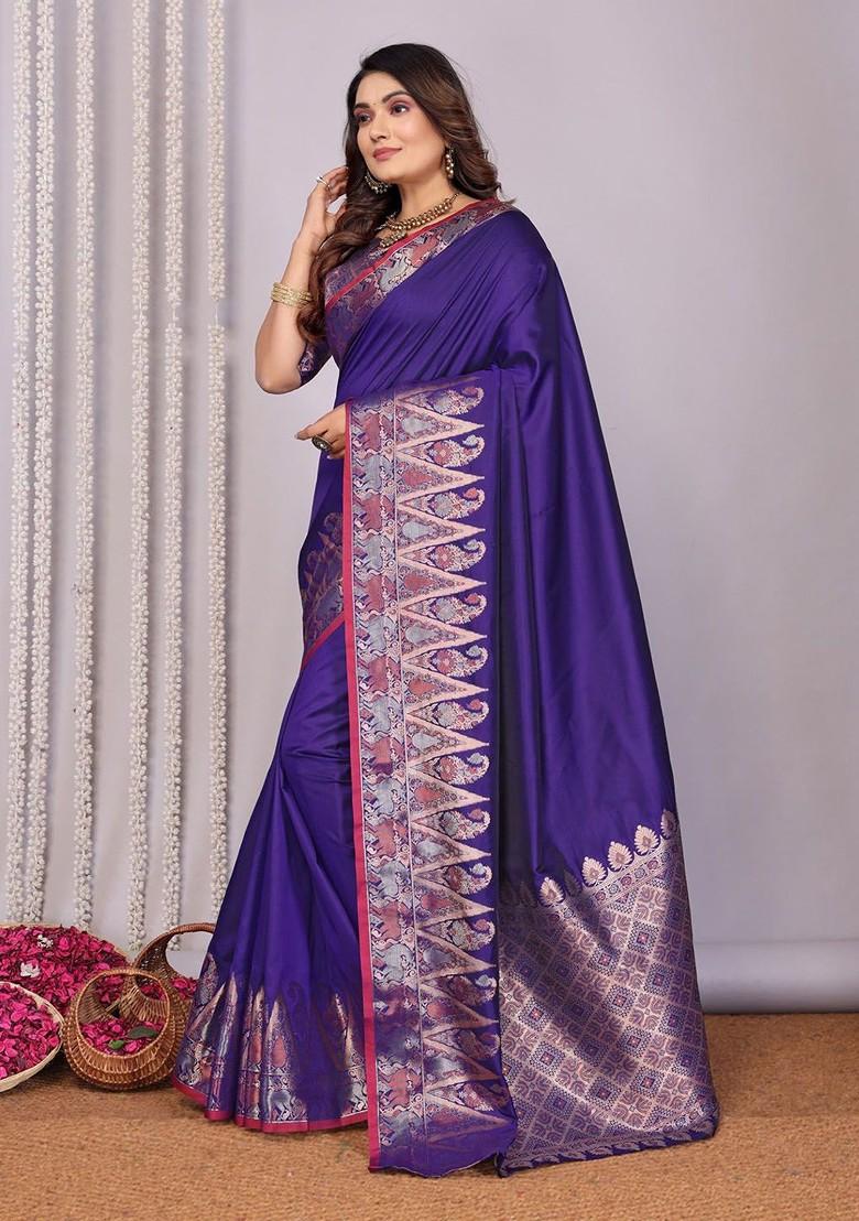 Blue Zari Printed Blended Saree Set - Indya