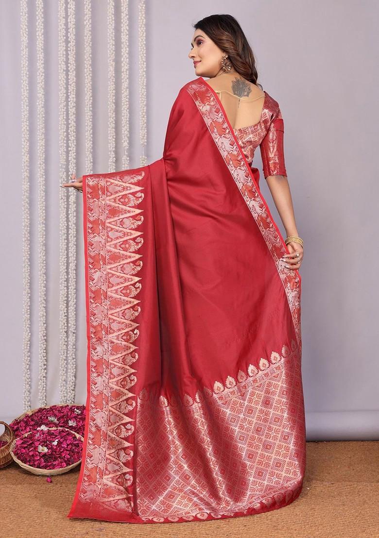 Red Zari Printed Blended Saree Set - Indya
