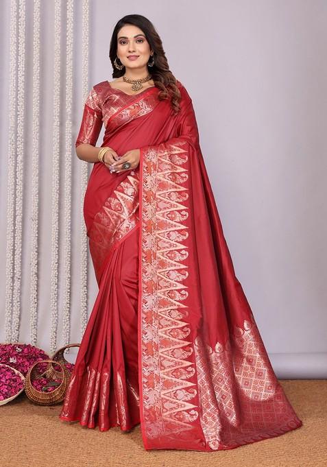 Red Zari Printed Blended Saree Set