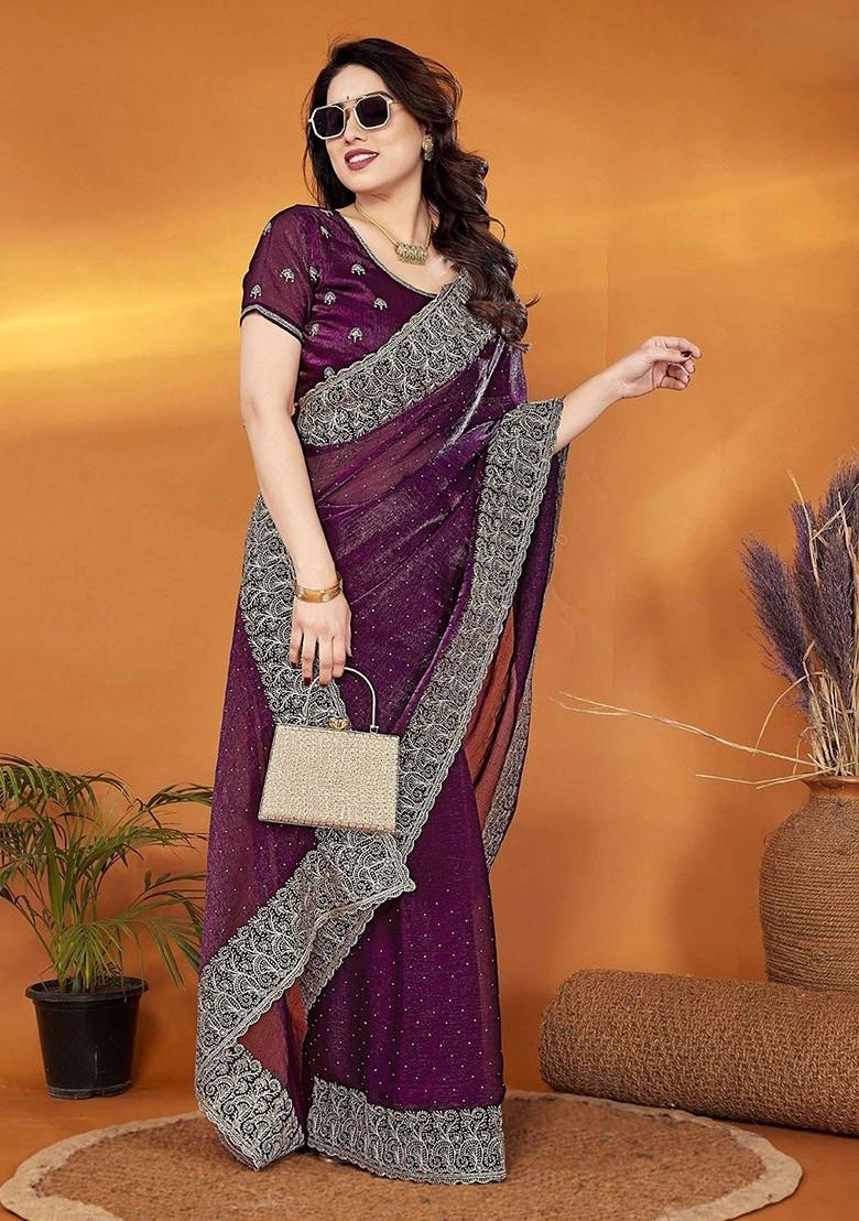 Purple Embellished Blended Saree Set - Indya